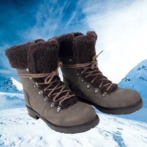 UGG Fraser Exposed Fur Stout Water-resistant Leather Combat Boots Size 7.5 Women